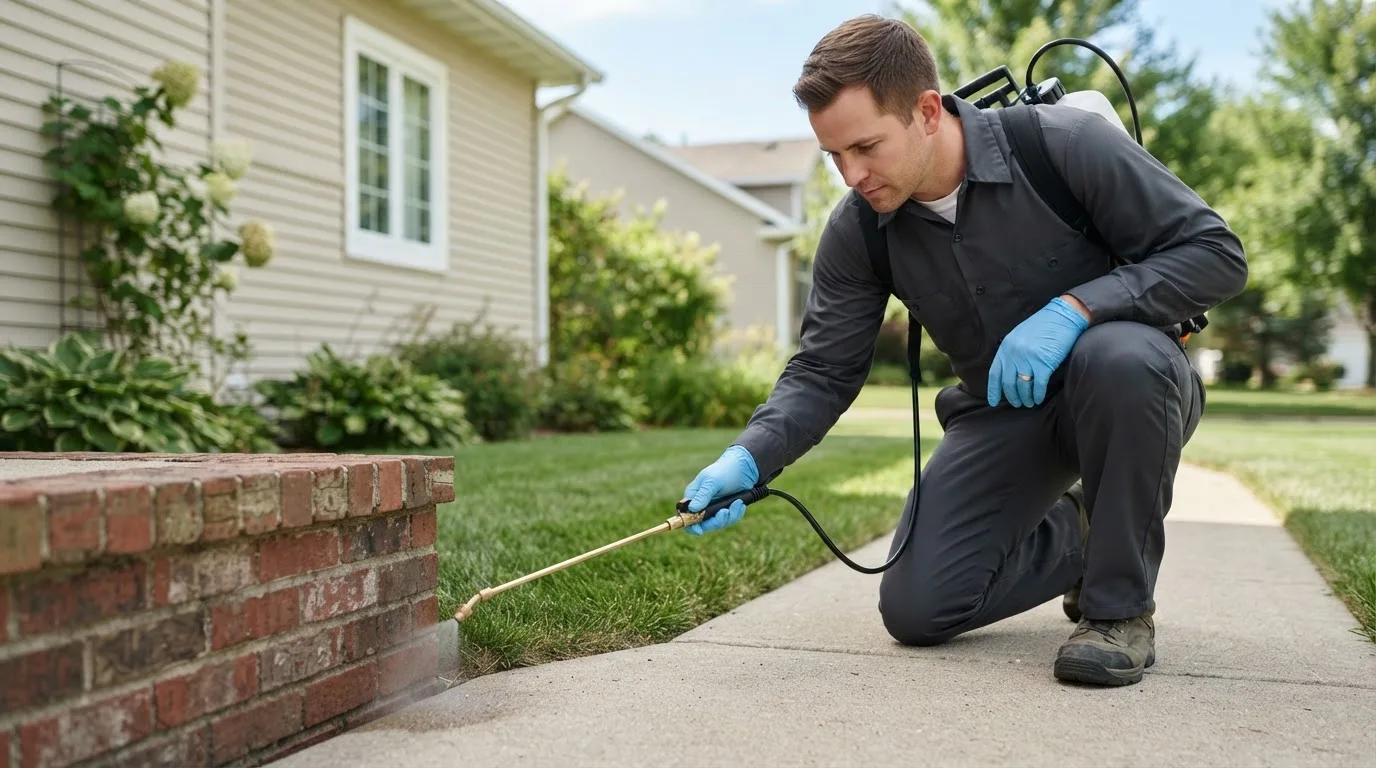 Pest control technician treating a home near Surrey, ND