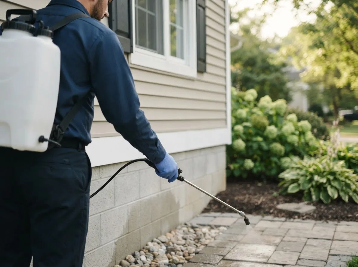 Pest control technician inspecting a home in Surrey, ND